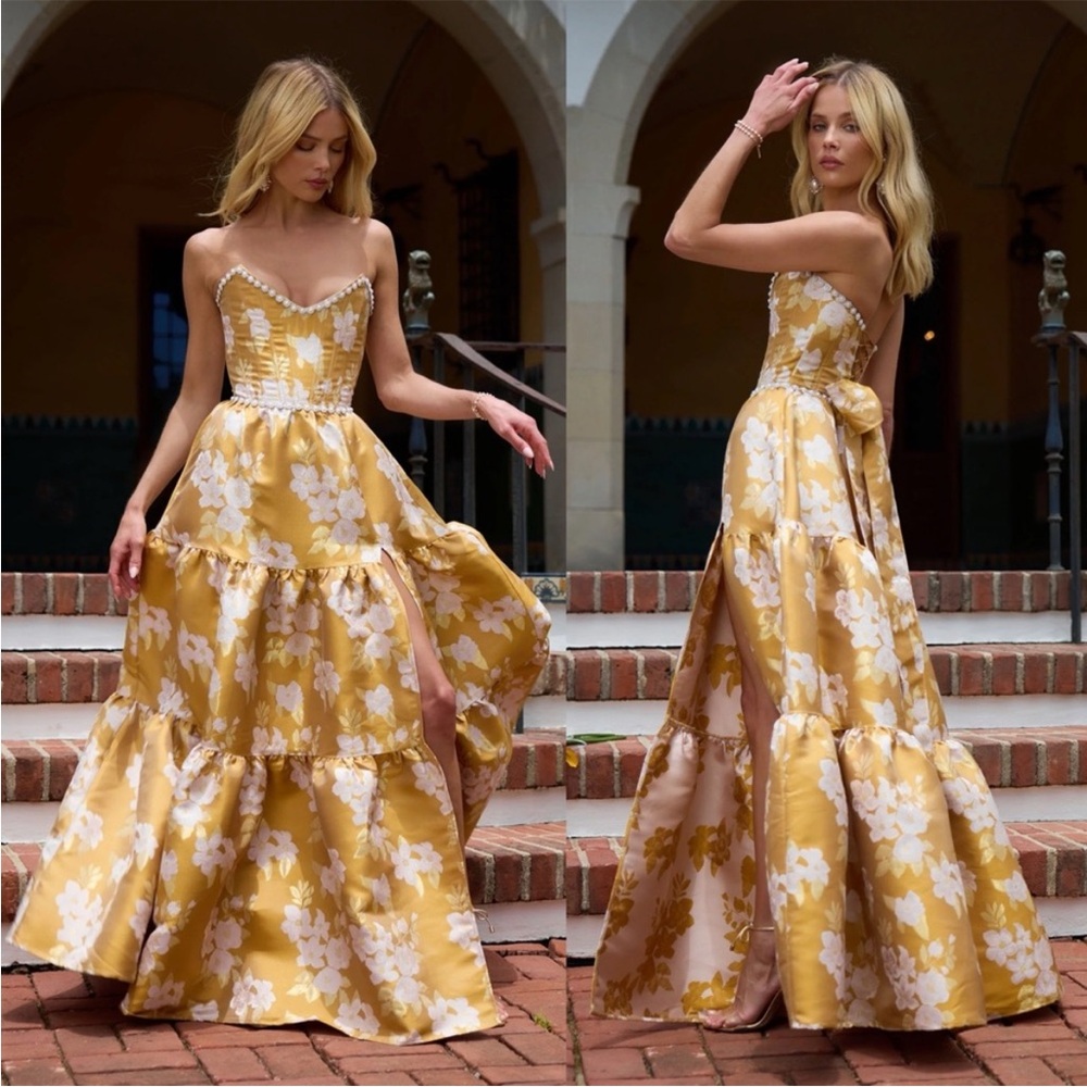 V. Chapman Vivian Gold Baroque Floral Maxi Dress Gown
